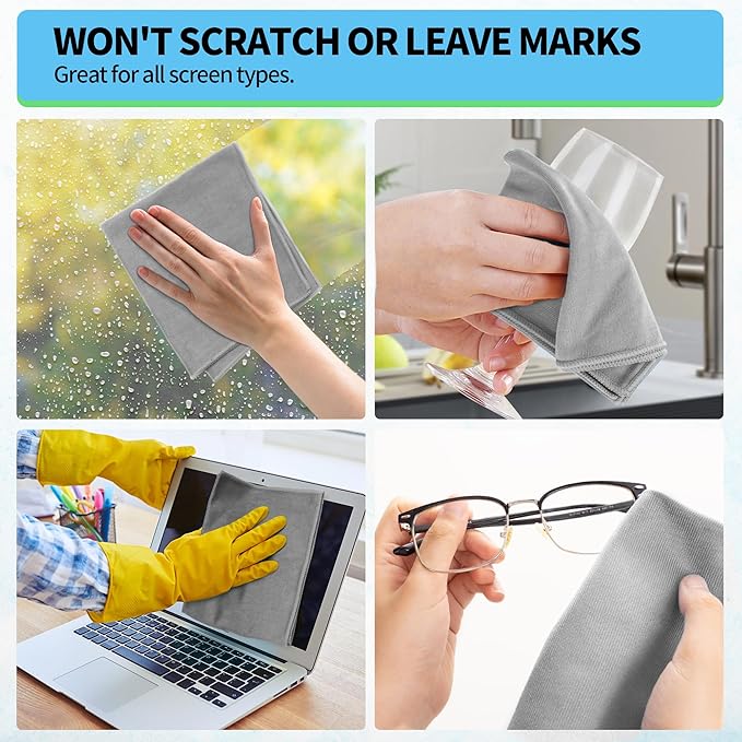 HOMERHYME Microfiber Cleaning Cloth, 12 Pack Window Glasses Cleaning Cloth, Reusable Lint-Free Streak Free Polishing Cloth Wipes for Stainless Steel, Eyeglasses, Mirrors, Screens & Lenses,12"*12" Grey