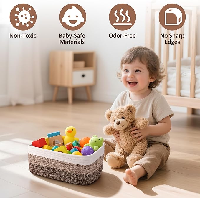 5-Pack Small Woven Rope Storage Baskets – 2 Sizes Organizer Bins for Closet, Shelf, Bookshelf, Nursery, Changing Table, Fabric Cube Boxes, Rectangular Shallow Bins for Bathroom, Toy & Home