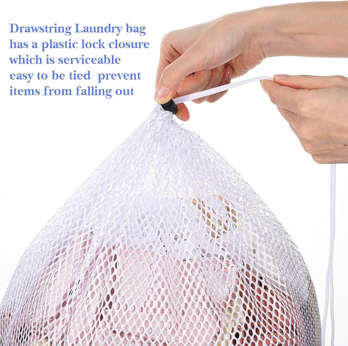 20 Pieces Drawstring Laundry Bags White Mesh Bags 12 x 16 Inch Large Mesh Gift Dishwasher Bag with Sliding Drawstring for Kitchen Gifts Home