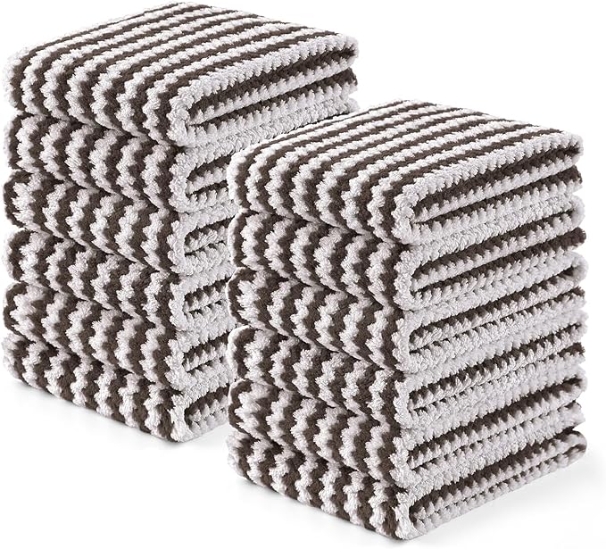 Homaxy Kitchen Towels(12 Pack, 10 x 20 inches), Ultra Soft and Absorbent Dish Towels, Reusable Fast Drying Microfiber Cleaning Cloth, Coral Velvet Wave Design No-lint, Brown