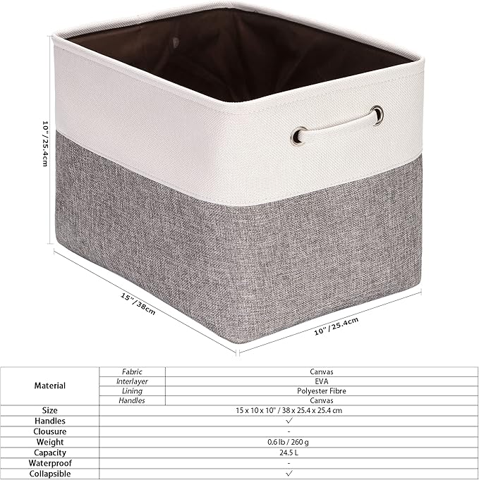 Sea Team 3-Pack Large Storage Basket Set, Trunk Organizer, Clothes Toys Bin, 15 x 10 x 10 Inches, Big Rectangular Canvas Fabric Collapsible Shelf Box with Handles for Kids Room (Grey/White)