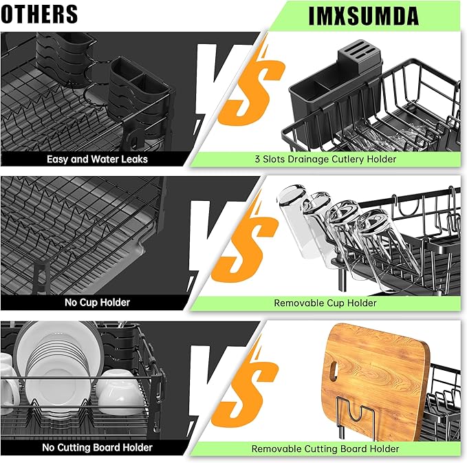 Dish Drying Rack, Dish Racks for Kitchen Counter, Detachable Dish Drainer with Drainboard, Utensil Holder, Cup Holder, Space Saving Kitchen Drying Rack for Small Home and Appartment, Black