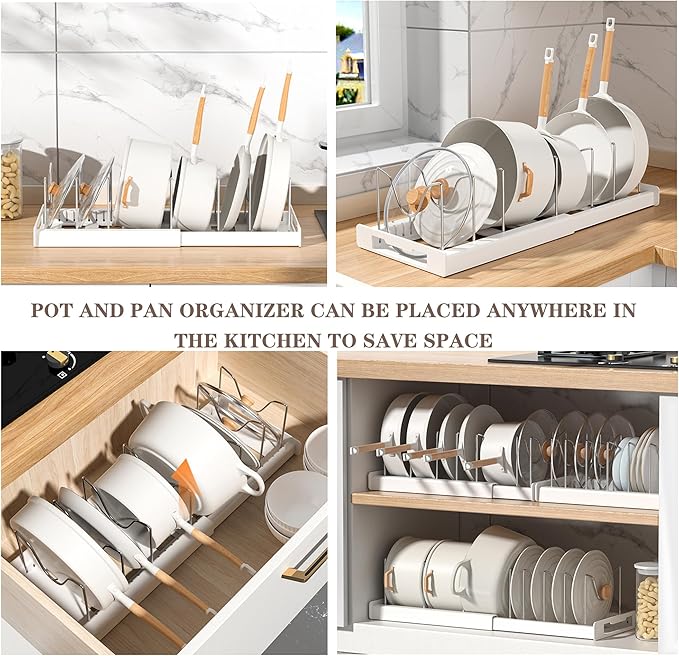 Expandable Pot and Pan Organizer Rack with 7 Stainless Steel Adjustable Shelves, for Neatly Storing Cookware, Pots, Pans, Lid