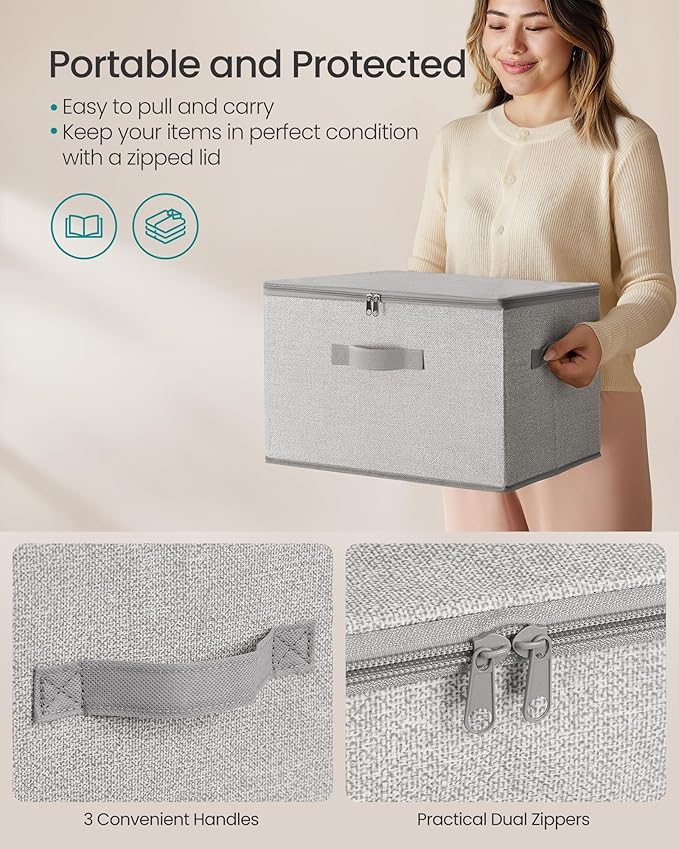 SONGMICS Foldable Storage Organizer Boxes, Set of 3 Storage Basket Bins with Lids, Handles, Clothes Organizer, 15.7 x 11.8 x 9.8 Inches, Non-Woven Fabric, Dove Gray URZB003W01