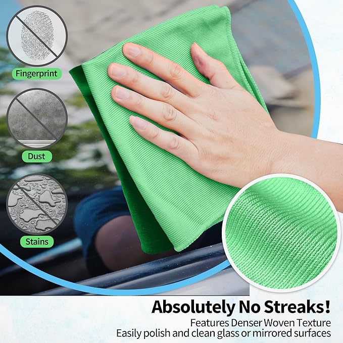 HOMERHYME Microfiber Cleaning Cloth, 10 Pack Glasses Cleaning Cloth, 16" ×14" Window Cleaning Rags, Streak Free Lint Free Polishing Cloths Wipes for Eye Glass Stainless Steel Windshield, Sage Green