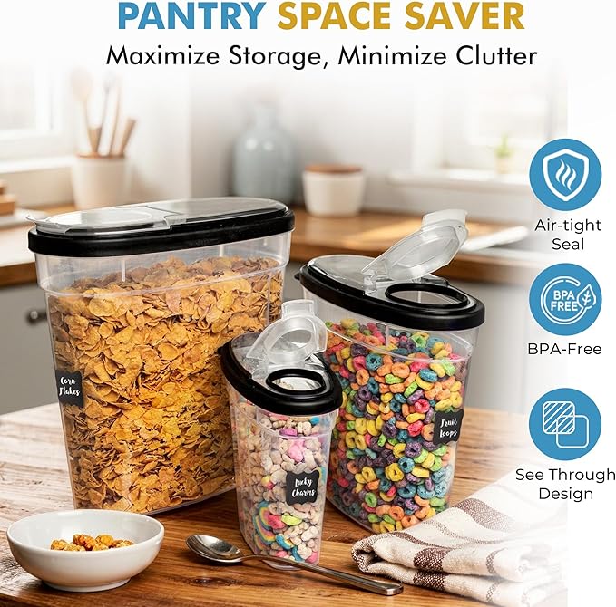Shazo 3 PC Cereal Container Storage Set (5.2L, 2.8L, 1.2L) - Large Airtight Food Storage Containers with Flip-Top Lids, BPA-Free Plastic Cereal Dispenser for Pantry, Rice, Flour, Sugar & Pasta