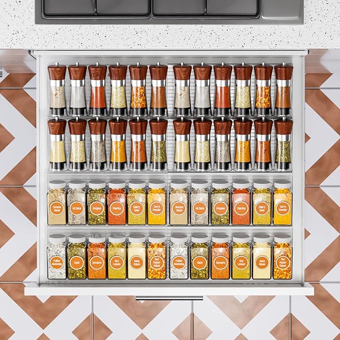 Yieach 4 Pack Adjustable In Drawer Spice Organizer - Expandable From 11'' to 22'' - Acrylic Drawer Seasoning Organizer,Clear Spice Organization Tray for Cabinet Drawers Condiment,Nail Polish and Jar