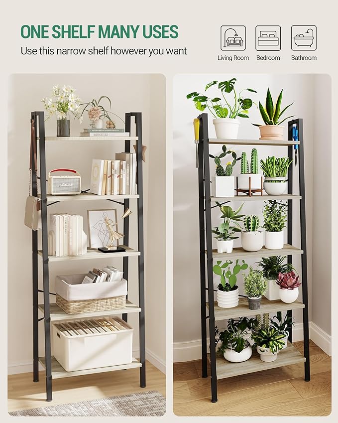 Ladder Shelf, Bookshelf Bookcase, Freestanding Corner Storage Shelve with 2 Hooks for Home Office, Living Room, Kitchen, Bedroom, Industrial, 11.8" D x 23.6" W x 63" H, Greige BC19305B