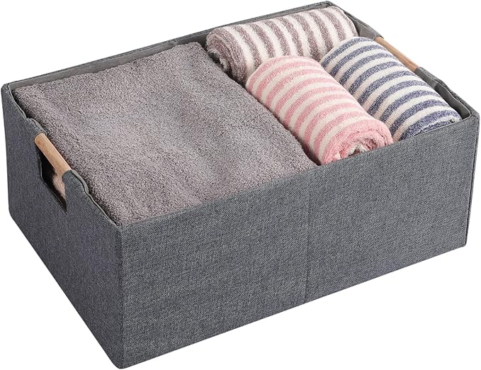 Fabric Storage Bin Box Foldable Collapsible Storage Basket with Wooden Handles Rectangular Cube Decorative Home Nursery Organizer Clothes Blanket Container – Grey, Medium