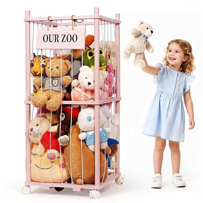 Stuffed Animal Storage Zoo, Wooden Stuffed Animal Organizer with Removable Wheels & 5-Row Elastic Cords, Space-Saving Plush Toy Storage Holder for Playroom, Bedroom, Nursery
