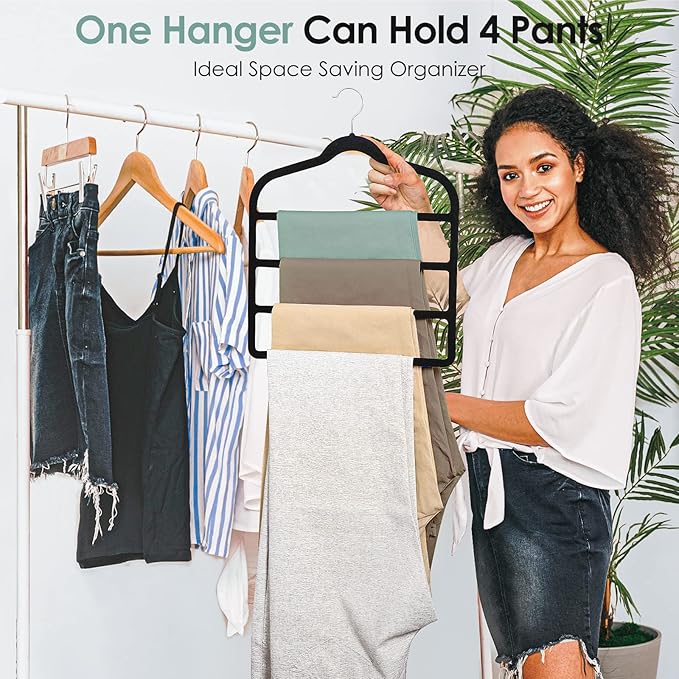 Velvet Hangers Space Saving Non Slip Pant Velvet Hangers, DUDUCOFU 8 Pack Black Multi Layer Clothes Hangers Closet Organizer for Pants Trousers Scarf