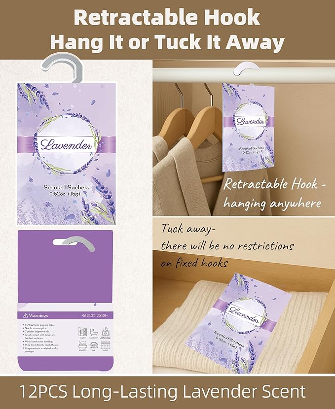 12 Packs Lavender Hanging Scented Sachets for Drawers and Closets with Retractable Hook| Long-Lasting Closet Air Freshener & Closet Deodorizer | Closet Scent Freshener (Lavender)