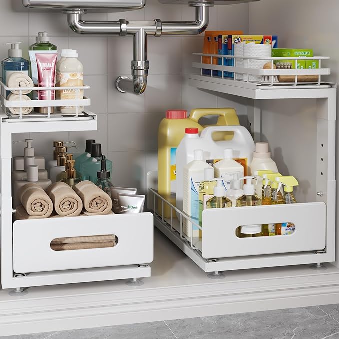 Under Sink Organizer Upgrade To Professional Rails,2-Tier Dual Pull Out Cabinet Storage,Height Adjustable Slide Out Drawers For Bathroom Kitchen,2 Pack-14.5"Dx12.8"-16.9"H,White