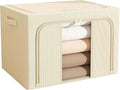 100L Clothes Storage Bins with Metal Frame Foldable Storage Bins with Lids Clothes Organizers and Storage with Clear Window Stackable Zippered Clothes Storage Bags(Beige)