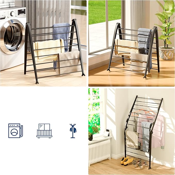 Whitmor Spacemaker Folding Drying Rack, Indoor Clothes Organizer with Patent-Pending Design, Space Saving, 6" L x 26" W x 51.5" H, Black