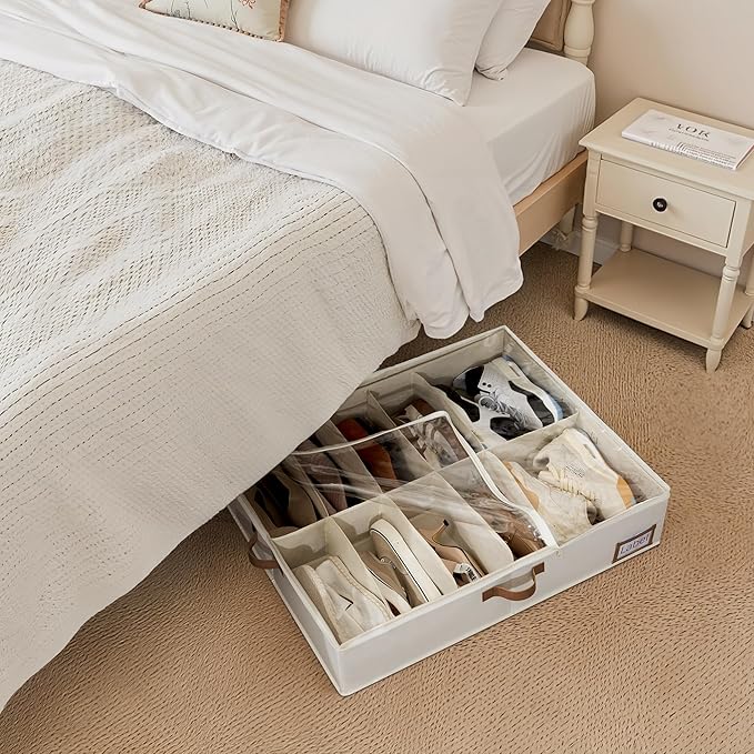 StorageWorks Under Bed Shoe Storage for Closet, 2-Pack Ultra-thick Fabric Shoe Organizer, Collapsible Shoes Containers with Bottom Support, Fits up to 24 Pairs, Beige