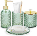 Green Bathroom Accessories 4Pcs of Glass Bathroom Counter Organizer Set,Toothbrush Holders, Soap Dispenser, Apothecary Jar, Vanity Tray, Bathroom Decor Gifts