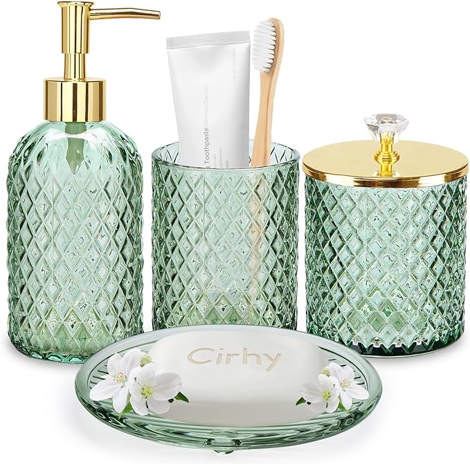 Green Bathroom Accessories 4Pcs of Glass Bathroom Counter Organizer Set,Toothbrush Holders, Soap Dispenser, Apothecary Jar, Vanity Tray, Bathroom Decor Gifts