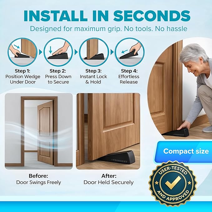 Strongest Home Heavy Duty Door Stopper Wedge (2 Black PCs) | Non-Slip Rubber and Metal Door Stop for Heavy Doors| Work on Wood, Tile, Carpet + 2 White Wall Protectors
