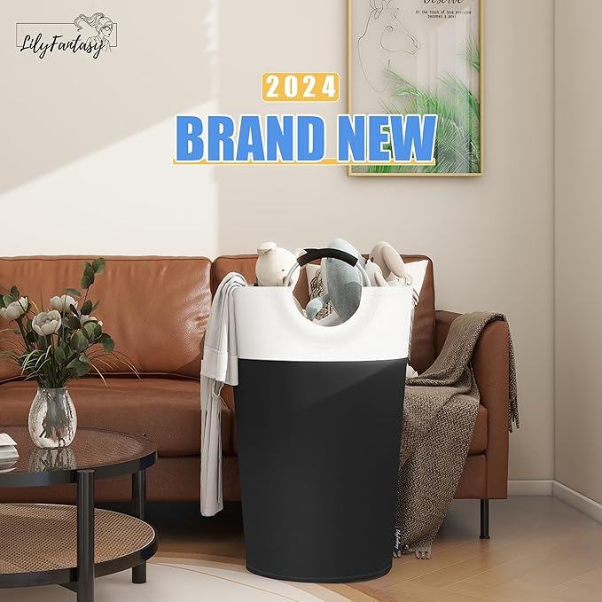 90L Laundry Basket, Collapsible Laundry Hamper with Padded Handles, Waterproof Laundry Bag, Tall Clothes Hamper Stand Up Well, Foldable Laundry Baskets for Easy Storage(Black)