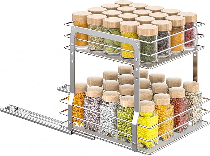 Pull Out Spice Rack Organizer for Inside Cabinet, 2 Tier Metal Spice Organization for Cabinet, Vertical Slide Out Seasoning Organizer, 9.65"W x 10.7"D x 10.24" H (Not for Cabinet with Lip)