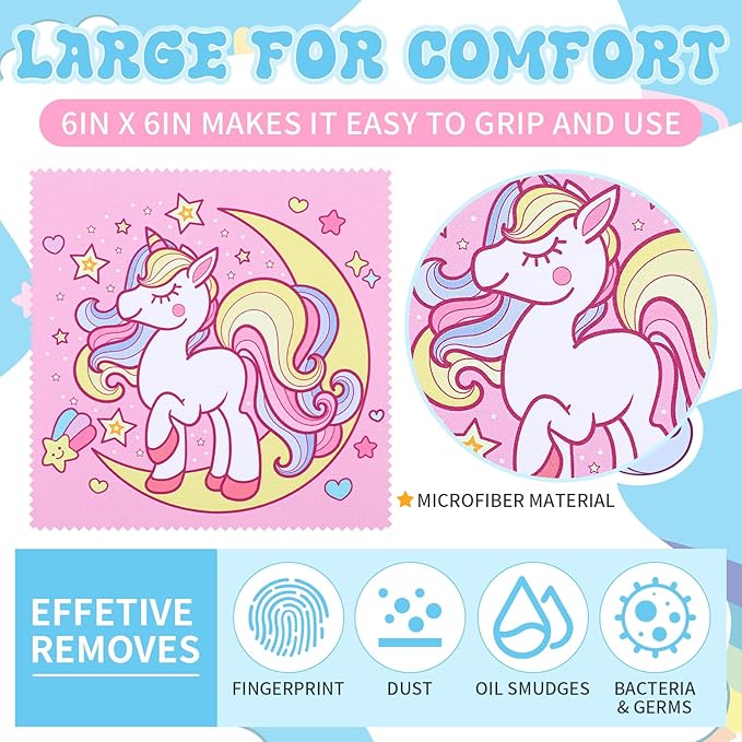 Sinmoe 20 Pcs Microfiber Cleaning Cloth Cute Unicorn Design Microfiber Soft Multicolor Glasses Cleaner Cloth for Eyeglasses Camera Lens Cell Phone Screens Glasses, 6 x 6 Inches