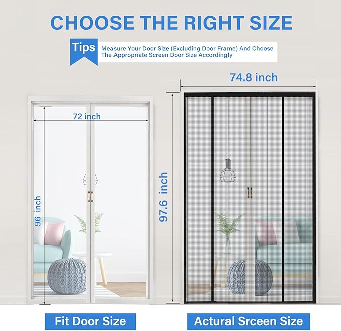 Magnetic Screen Door Upgraded PET Mesh Stronger Than Fiberglass and Polyester,Hands Free,Keeps Bugs Out,Pet & Kid Friendly,Suitable for Sliding Door,Large Patio Door and French Door-72''x96''
