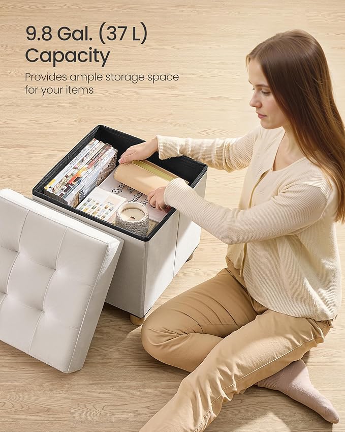 SONGMICS Small Storage Ottoman, Folding Ottoman Cube, 15 x 15 x 15.7 Inches, Footstool, Footrest, 9.8 Gal. (37 L), Velvet Surface, for Bedroom, Living Room, Dorm, Cappuccino Beige ULSF0516W02