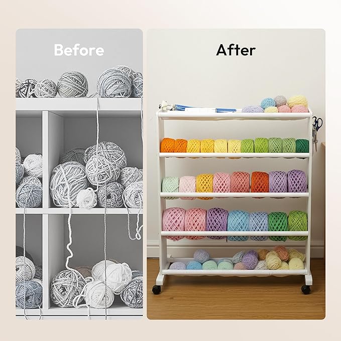Yarn Storage Organizer, 5 Tier Wooden Cart for Yarn Cake Organize, Mobile Yarn Rack with 4 Rolling Wheels, Side Hooks & Pouch for Knitting Crochet Supplies, Ideal for Craft Room Organization(White)