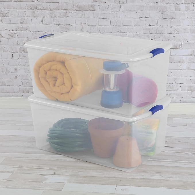 (2-PACK) 105 QT Plastic Transparent Storage Box, Equipped with a Blue Lock Mechanism, Stackable, Suitable for Household Items, Seasonal Clothing, Holiday Decorations and Garage Organization.