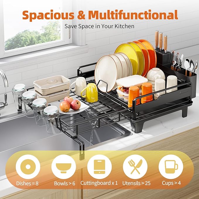 Dish Drying Rack - Extendable Dish Drainer, Large Dish Rack for Kitchen Counter, Rustproof Dish Strainer with Utensil Holder and Cups Holder, 1 Tier Black