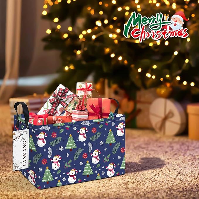 FANKANG Storage Bins,Christmas Nursery Hamper Canvas Laundry Basket Foldable with Waterproof PE Coating Storage Baskets for Boys and Girls, Office, Bedroom,Toys(Rec-Christmas snowman ）