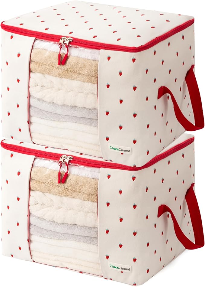 Chaos Cleared Canvas Storage Bags Designer Organizer 2 Pack – Seasonal Storage for Sweaters, Blankets, Linens & Garments – Foldable Design with Zip & Window, Moth-Proof Space Saver, Strawberry Print