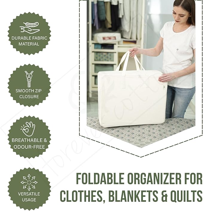 Storage Bag with Handles for Beddings, Comforters, Blankets, Linens -Underbed/WardrobeThick Soft Breathable Closet Organizer Bag (Large (21"X15"X10"), Off-White)