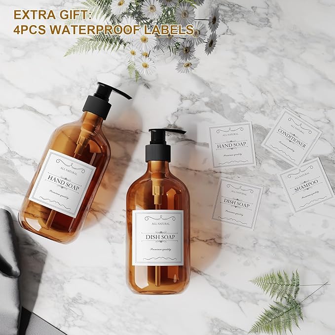 2PCS Amber Dish Soap Dispenser for Kitchen (16 Oz), Brown Hand Soap Dispenser for Bathroom, Plastic Soap and Liquid Dispenser Set with Rust Proof Pump, Refillable Soap Pump Bottles, Waterproof Labels
