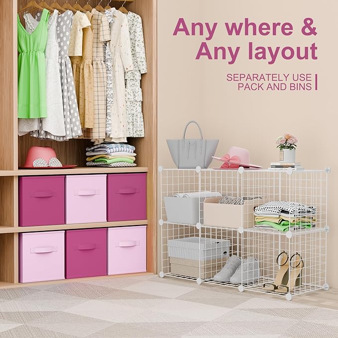 Leinuosen 6 Cube Storage Organizer with Fabric Bins, Wire Grid Stackable Shelves, Drawer Closet Organizer, Modular Storage Units for Bedroom Living Room Office Clothes Toys Crafts(White,Pink)