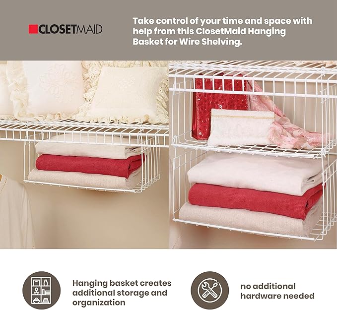 ClosetMaid 17 Inch Wide Hanging Basket Wire Shelving Accessory for Closet Shelves, Pantry Organizer, Kitchen, and Bathroom Storage, 2 Pack, White