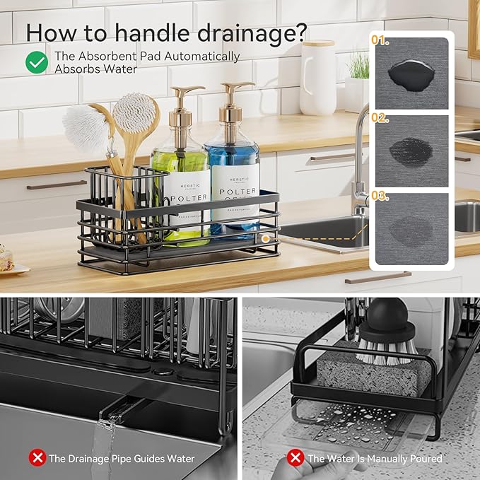 Yofidra Kitchen Sink Caddy Sponge Holder - 304 Stainless Steel Sink Organizer with Diatomite Quick-Dry Base, 3 Compartments Caddy Organizer, Detachable Brush Rack, 9.2" x 3.9" x 4.4"