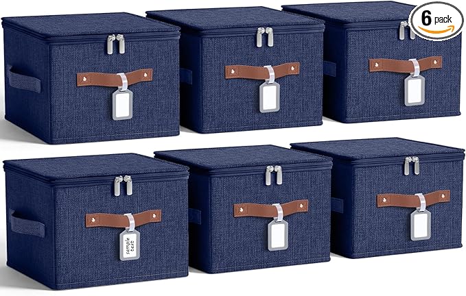 Fiwochic 6 Pack Fabric Storage Bins with Lids, 10×8×7Inch Foldable Cotton Linen Storage Boxes with PU Leather Handles and Label Holders for Closet, Bedroom, Shelf, Nursery, Dark Blue