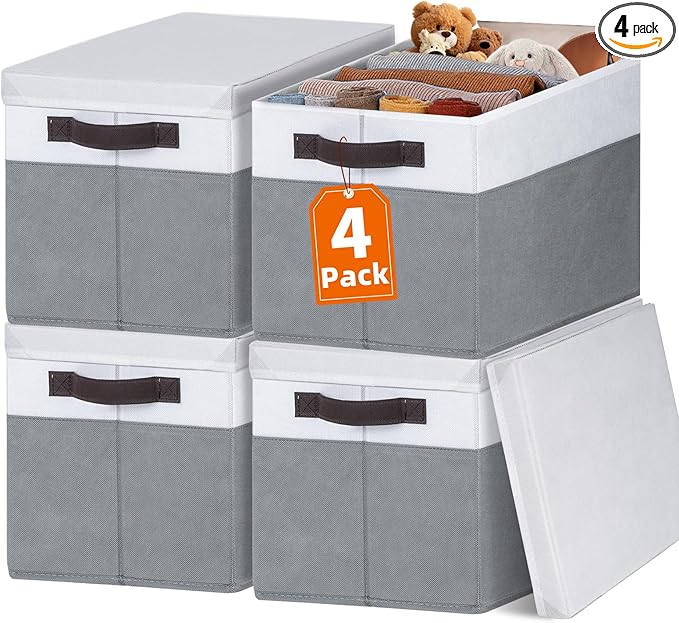 Extra Large Storage Baskets with Lids 4 Pack, 33 QT Throw Blanket Basket for Living Room - Stackable Decorative Closet Shelf Organizers and Storage Box for Organizing Clothes Towels Book - 16x12 in