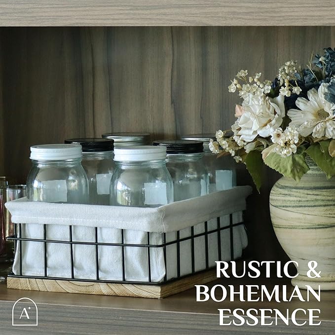 Metal Baskets for Organizing - Toiletries Black Metal Basket with Liner, Wooden Decorative Baskets for Home Decors, Bathroom Decor & Kitchen Decor, Bin Wire Basket Storage (X-Large)