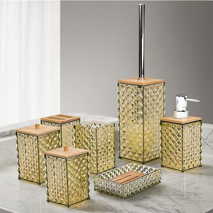 Bathroom Accessory Set,7 Pcs Beige Bathroom Set Include Soap Dispenser, Qtip Holder Dispenser, Soap Dish,Toilet Brush,Toothbrush Holder & Mouthwash Cup.Boho Bathroom Set