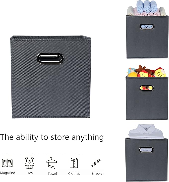 Yunkeeeper storage bins Cubes, Fabric Cube Organizer with Handle, Foldable Cube Bins for Cloth or Accessary Storage, 11x11x11, Set of 6, (Gray)