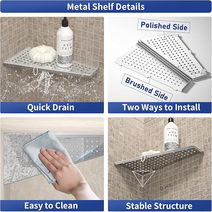 Bernkot Corner Shower Shelf 12" Polished 304 Stainless Steel Recessed Trapezoid Grout in Shelves with Grid Design Bathroom Shelf Racks for Tiled Wall, 2 Pack