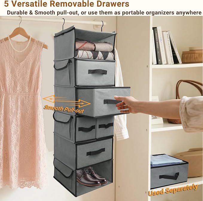 Durable 6-Tier hanging closet organizer with 5 Drawers & 3 Side Pocket,Thickened Fabric Hanging Shelves Holder with Sturdy Hook,Space-saving Storage Organization for Bedroom,Dorm,Guestroom,RV,Bathroom