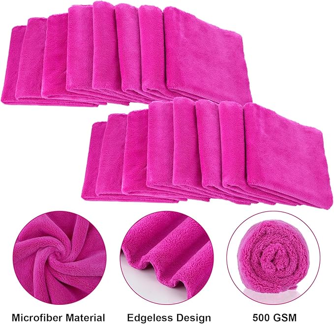 Shimeyao 30 Pcs 16 x 16 Inch Edgeless Microfiber Plush Towels for Cars Detailing Drying Wash Polishing Absorbent Cleaning Cloths, 500 GSM (Fuchsia, 30 Pcs)