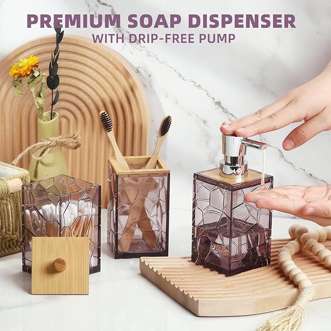 Lavender Purple Bathroom Accessories Set, Toothbrush Holder, Soap Dispenser, Cotton Swabs Holder, Soap Dish, Toilet Brush with Holder, Bamboo Bathroom Decor,Acrylic (Purple)