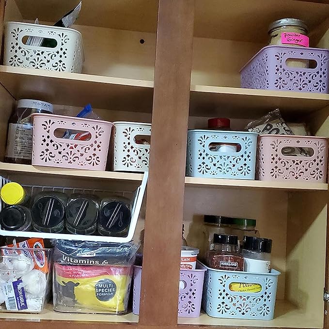 Frcctre 8 Pack Plastic Storage Baskets, Portable Small Pantry Organizer BasketS Bins with Handle, Stackable Household Organizers Nursery Basket for Home, Kitchen Cabinet Countertop Bedroom Bathroom