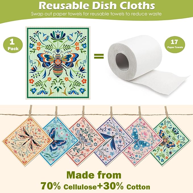 6 Packs Swedish Paper Cloths for Kitchen, Reusable Paper Towels Washable Dish Rags, Highly Absorbent Kitchen Towels Quick Drying Swedish Sponge Cleaning Dish Cloths (Insects Floral)