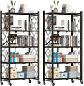 Heavy Duty 5-Tier Foldable Storage Shelf with Locking Wheels, No Assembly Metal Shelving Unit, Space-Saving Organizer for Garage, Kitchen, Basement, Pantry, 28" x 14" x 62", Black (2)